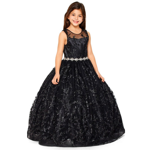Big Girls Black Glitter Embroidered Rhinestone Belt Ball Gown 8-16 - SophiasStyle.com