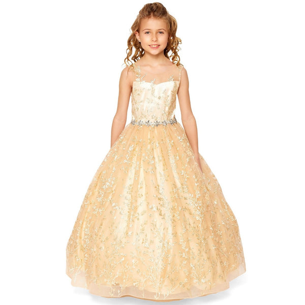 Big Girls Champagne Glitter Embroidered Rhinestone Belt Ball Gown 8-16 - SophiasStyle.com