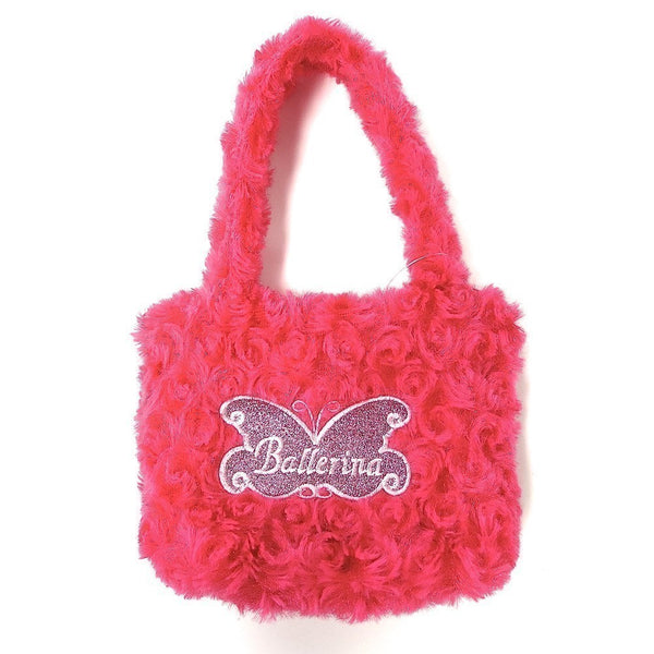 Girls Hot Pink Fuzzy Velvet Glitter Butterfly Ballerina Applique Purse - SophiasStyle.com