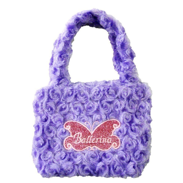 Girls Purple Fuzzy Velvet Glitter Butterfly Ballerina Applique Purse - SophiasStyle.com