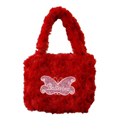 Girls Red Fuzzy Velvet Glitter Butterfly Ballerina Applique Purse - SophiasStyle.com