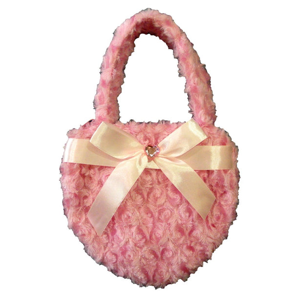 Girls Pink Fuzzy Velvet Sparkle Stone Bow Attached Heart Purse - SophiasStyle.com