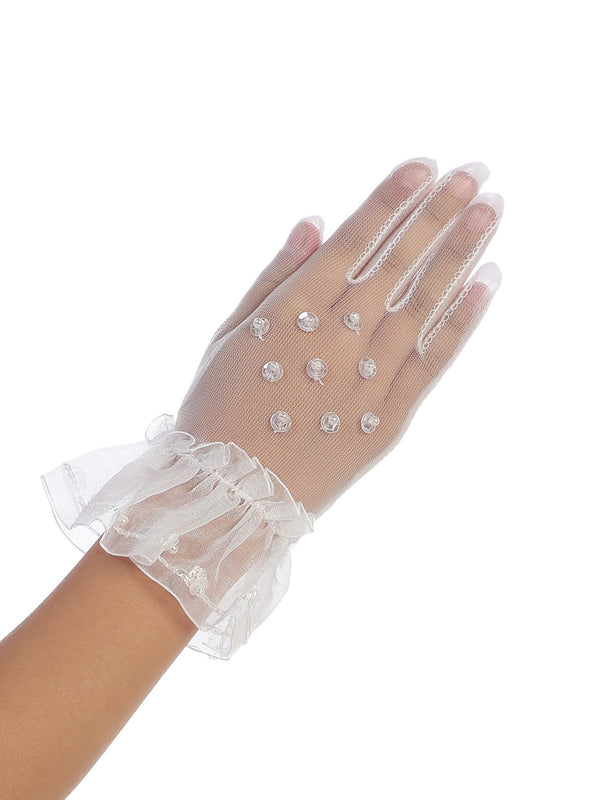 Little Girls White Beadwork Top Sheer Communion Flower Girl Gloves 4-7 - SophiasStyle.com
