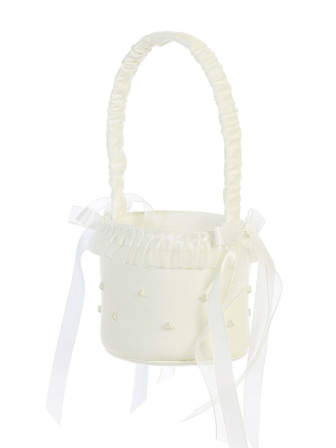 Tip Top Kids Girls Ivory Satin Ruffles Pearl Clusters Flower Girl Basket - SophiasStyle.com