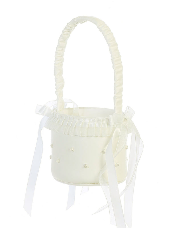 Tip Top Kids Girls Ivory Satin Ruffles Pearl Clusters Flower Girl Basket - SophiasStyle.com