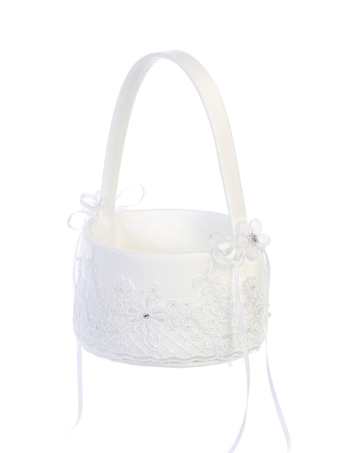Tip Top Kids Girls White Corded Embroidery Lace Stylish Flower Girl Basket - SophiasStyle.com