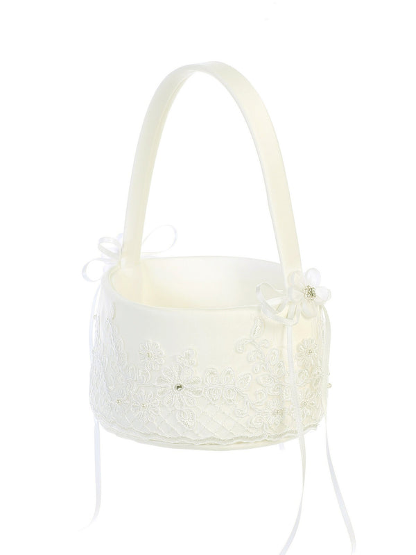 Tip Top Kids Girls Ivory Corded Embroidery Lace Stylish Flower Girl Basket - SophiasStyle.com