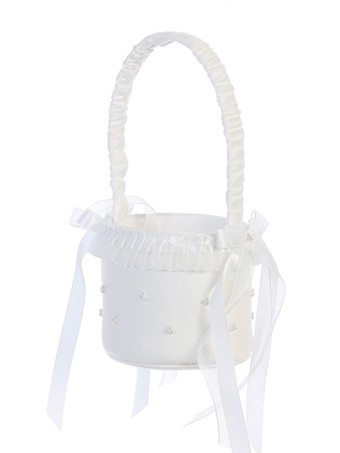 Tip Top Kids Girls White Satin Ruffles Pearl Clusters Flower Girl Basket - SophiasStyle.com