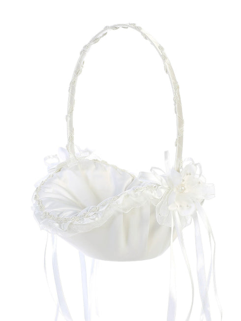 Tip Top Kids Girls Ivory Satin Ribbons Flowers Open-Shaped Flower Girl Basket - SophiasStyle.com