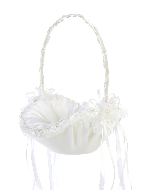 Tip Top Kids Girls Ivory Satin Ribbons Flowers Open-Shaped Flower Girl Basket - SophiasStyle.com