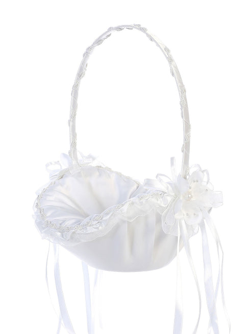 Tip Top Kids Girls White Satin Ribbons Flowers Open-Shaped Flower Girl Basket - SophiasStyle.com