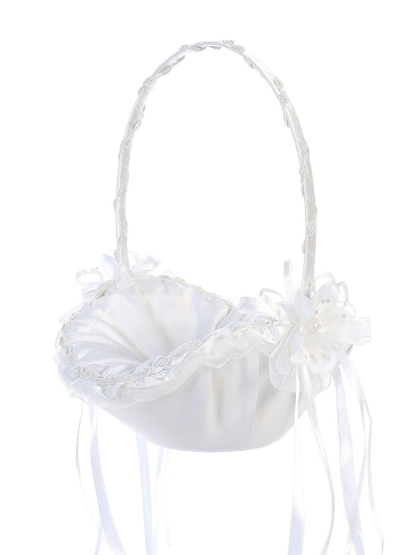 Tip Top Kids Girls White Satin Ribbons Flowers Open-Shaped Flower Girl Basket - SophiasStyle.com