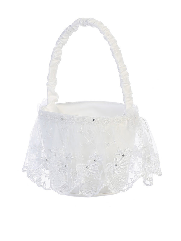 Tip Top Kids Girls White Lace Embellished Stylish Flower Girl Basket - SophiasStyle.com