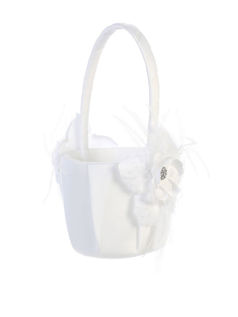 Tip Top Kids Girls White Flower Feather Accent Stylish Flower Girl Basket - SophiasStyle.com