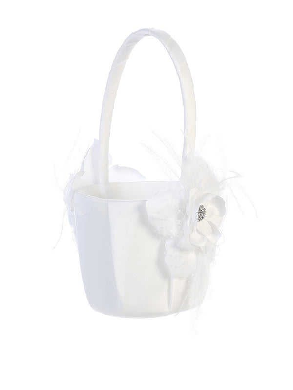 Tip Top Kids Girls White Flower Feather Accent Stylish Flower Girl Basket - SophiasStyle.com