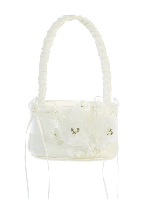 Tip Top Kids Girls Ivory Organza Flower Accent Stylish Flower Girl Basket - SophiasStyle.com