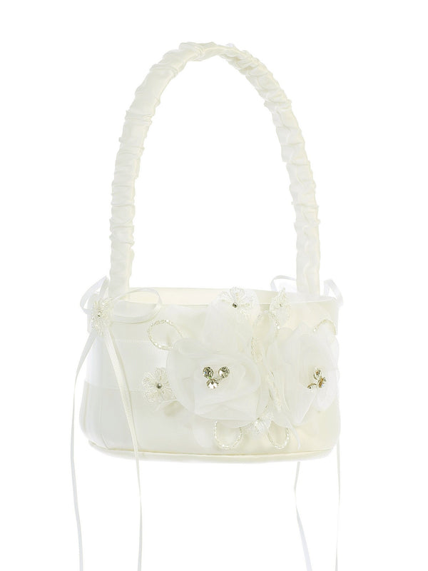 Tip Top Kids Girls Ivory Organza Flower Accent Stylish Flower Girl Basket - SophiasStyle.com