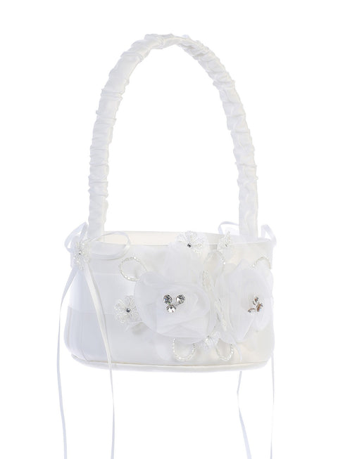 Tip Top Kids Girls White Organza Flower Accent Stylish Flower Girl Basket - SophiasStyle.com
