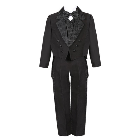 Little Boys Black 5 Piece Vest Pants Tail Jacket Jacquard Tuxedo Suit 2-7 - SophiasStyle.com