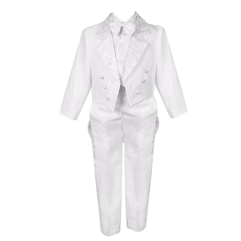 Little Boys White 5 Piece Vest Pants Tail Jacket Jacquard Tuxedo Suit 2-7 - SophiasStyle.com