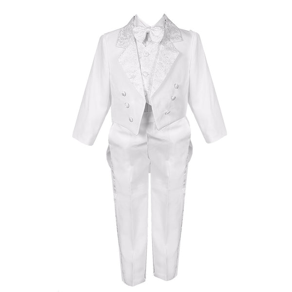 Little Boys White 5 Piece Vest Pants Tail Jacket Jacquard Tuxedo Suit 2-7 - SophiasStyle.com