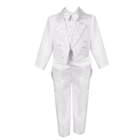 Big Boys White 5 Piece Vest Pants Tail Jacket Jacquard Tuxedo Suit 8-14 - SophiasStyle.com