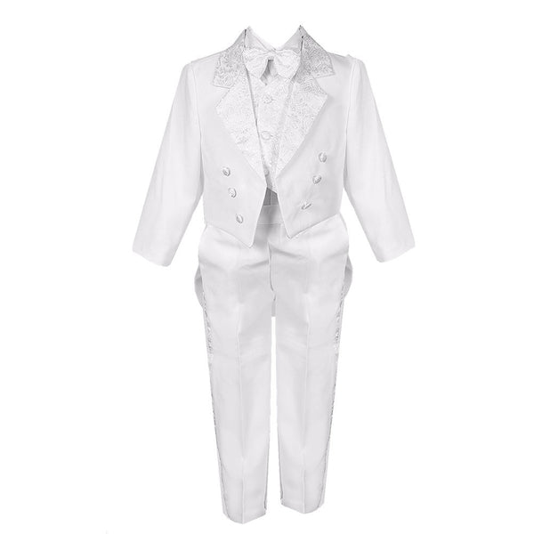 Big Boys White 5 Piece Vest Pants Tail Jacket Jacquard Tuxedo Suit 8-14 - SophiasStyle.com