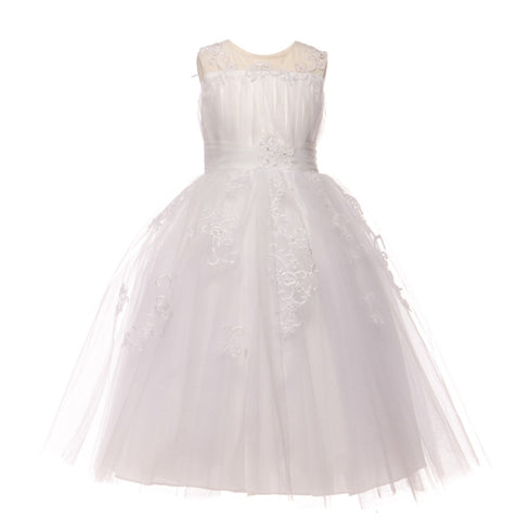 Petite Adele Little Girls White Exquisite Applique Tulle Communion Dress 4-6 - SophiasStyle.com