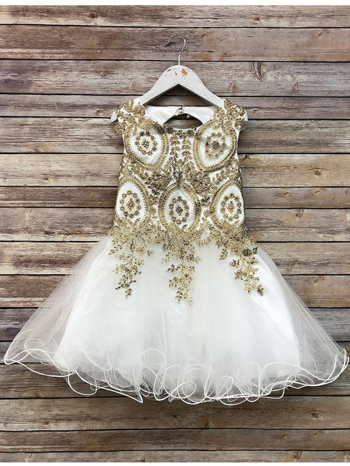 Petite Adele Girls Ivory Gold Embroidered Chandra Junior Bridesmaid Dress 6-16 - SophiasStyle.com