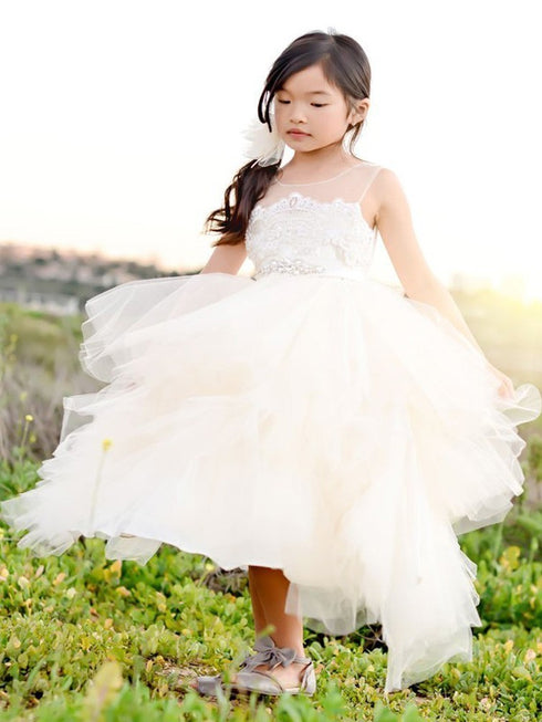 Petite Adele Little Girls Ivory Beaded Applique Fancy Flower Girl Dress 2-6 - SophiasStyle.com