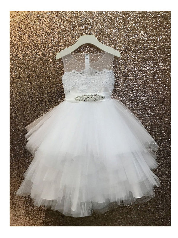 Petite Adele Big Girls White Beaded Applique Fancy Junior Bridesmaid Dress 8-16 - SophiasStyle.com