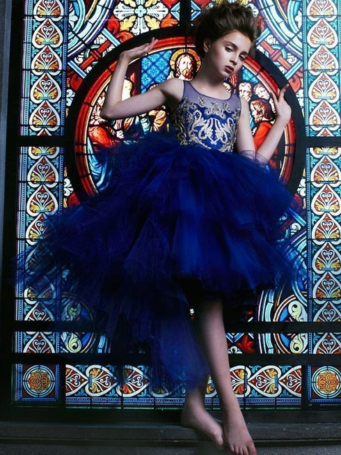 Petite Adele Little Girls Royal Blue Beaded Hi-Low Abella Christmas Dress 2-6 - SophiasStyle.com