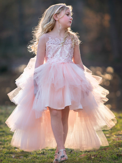 Petite Adele Little Girls Blush Beaded Hi-Low Ruffle Abella Special Occasion Dress 2-6 - SophiasStyle.com