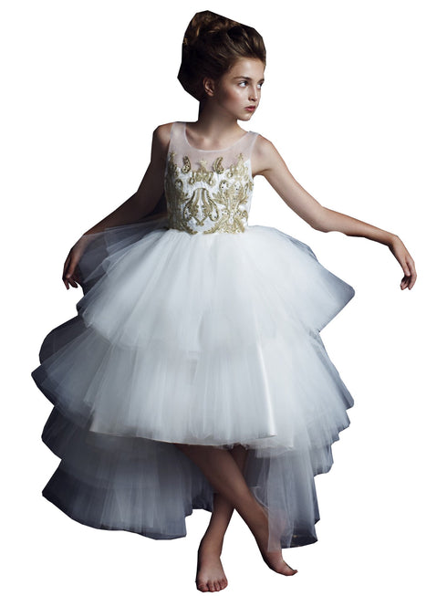 Petite Adele Little Girls Ivory Gold Beaded Hi-Low Abella Special Occasion Dress 2-6 - SophiasStyle.com