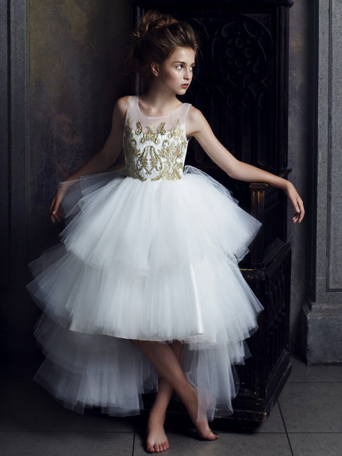 Petite Adele Big Girls Ivory Gold Beaded Hi-Low Abella Special Occasion Dress 8-12 - SophiasStyle.com