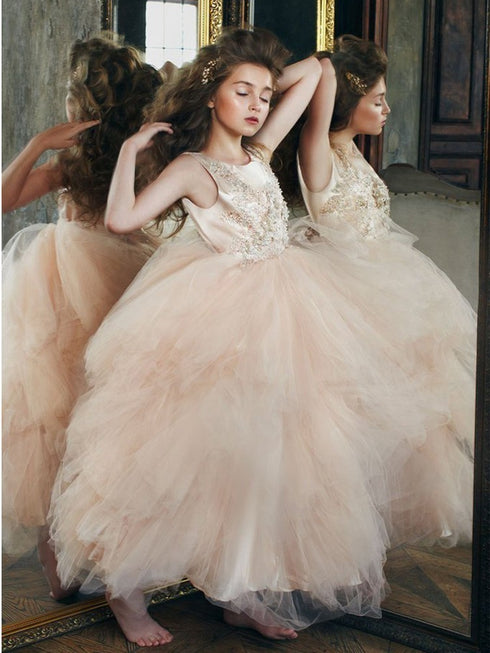 Petite Adele Little Girls Rose Gold 3D Applique Lavish Flower Girl Dress 2-6 - SophiasStyle.com