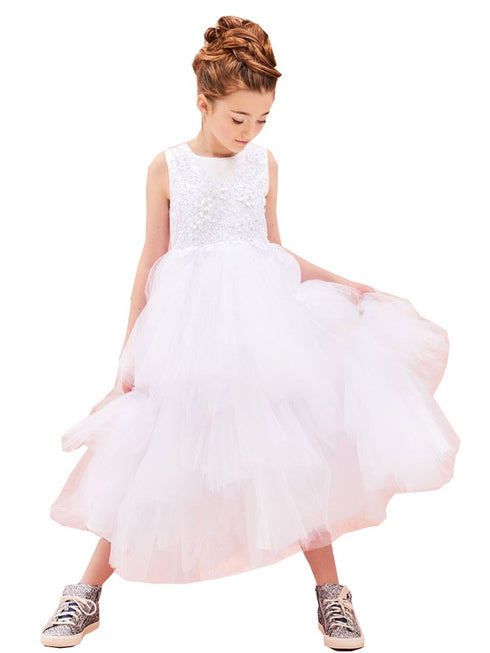 Petite Adele Little Girls White 3D Applique Lavish Flower Girl Dress 2-6 - SophiasStyle.com