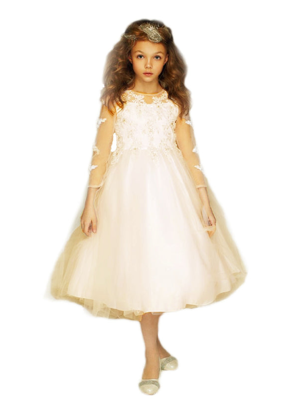 Petite Adele Big Girls Champagne Embroidered Hi-Low Junior Bridesmaid Dress 8-16 - SophiasStyle.com