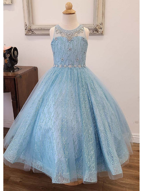 Petite Adele Little Girls Blue Jewel Illusion Neckline Pageant Dress 2-6 - SophiasStyle.com