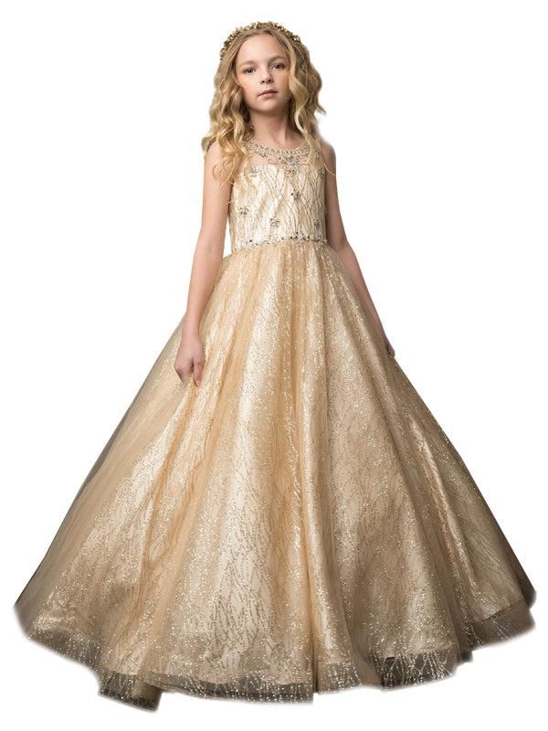 Petite Adele Big Girls Champagne Jewel Illusion Neckline Pageant Dress 8-16 - SophiasStyle.com