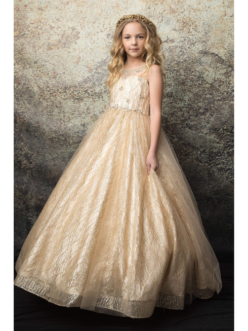 Petite Adele Big Girls Champagne Jewel Illusion Neckline Pageant Dress 8-16 - SophiasStyle.com