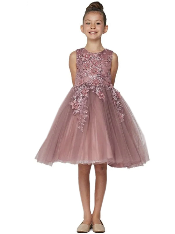 Girls Mauve 3D Floral Appliques Soft Tulle Easter Flower Girl Dress 2-12 - SophiasStyle.com