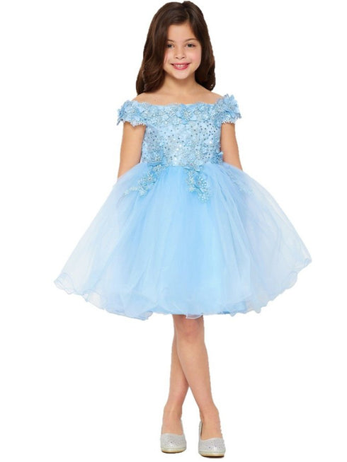 Little Girls Blue 3D Floral Sequin Tulle Off Shoulder Flower Girl Dress 2-6 - SophiasStyle.com