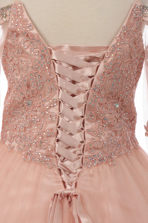 Big Girls Blush Off Shoulder Long Sleeve Rhinestone Pageant Dress 8-16 - SophiasStyle.com