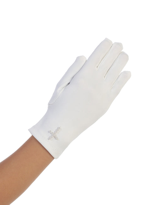 Girls White Matte Satin Pearl Cross Communion Flower Girl Gloves 0-14 - SophiasStyle.com