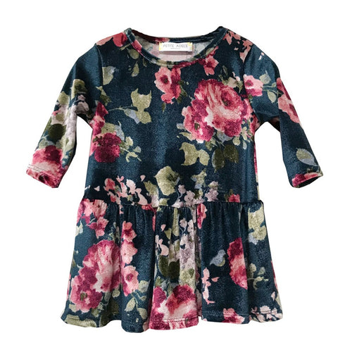 Petite Adele Girls Blue Floral Print Velvet Long Sleeve Christmas Dress 2T-8 - SophiasStyle.com