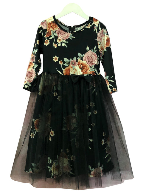 Petite Adele Girls Black Floral Print Bow Accent Overlaid Christmas Dress 2T-8 - SophiasStyle.com