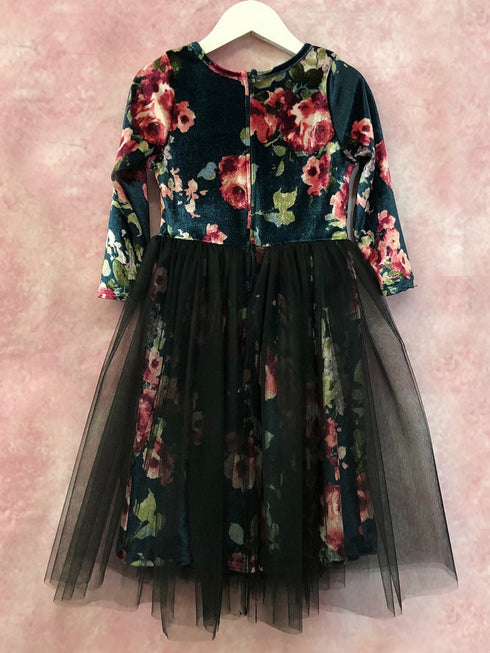 Petite Adele Girls Blue Floral Print Bow Accent Overlaid Christmas Dress 2T-8 - SophiasStyle.com