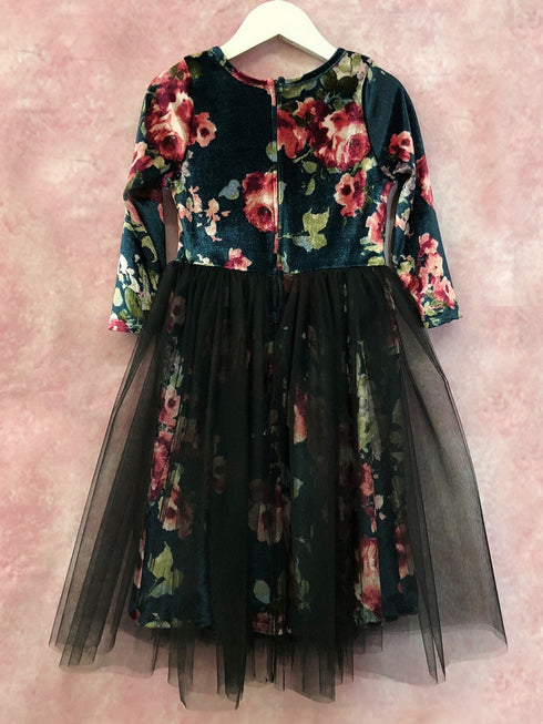 Petite Adele Girls Blue Floral Print Bow Accent Overlaid Christmas Dress 2T-8 - SophiasStyle.com