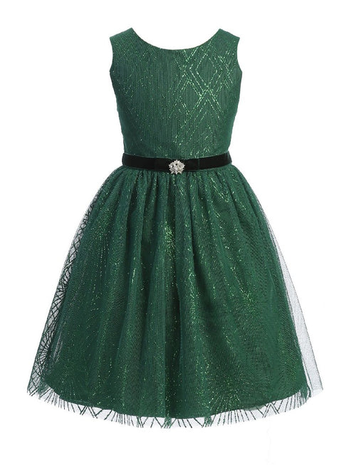 Kids Dream Girls Diamond Mesh Overlay Velvet Trim Brooch Dress 2T-14 - SophiasStyle.com